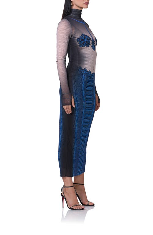 Afrm Shailene Long Sleeve Turtleneck Mesh Dress In Ornate Navy