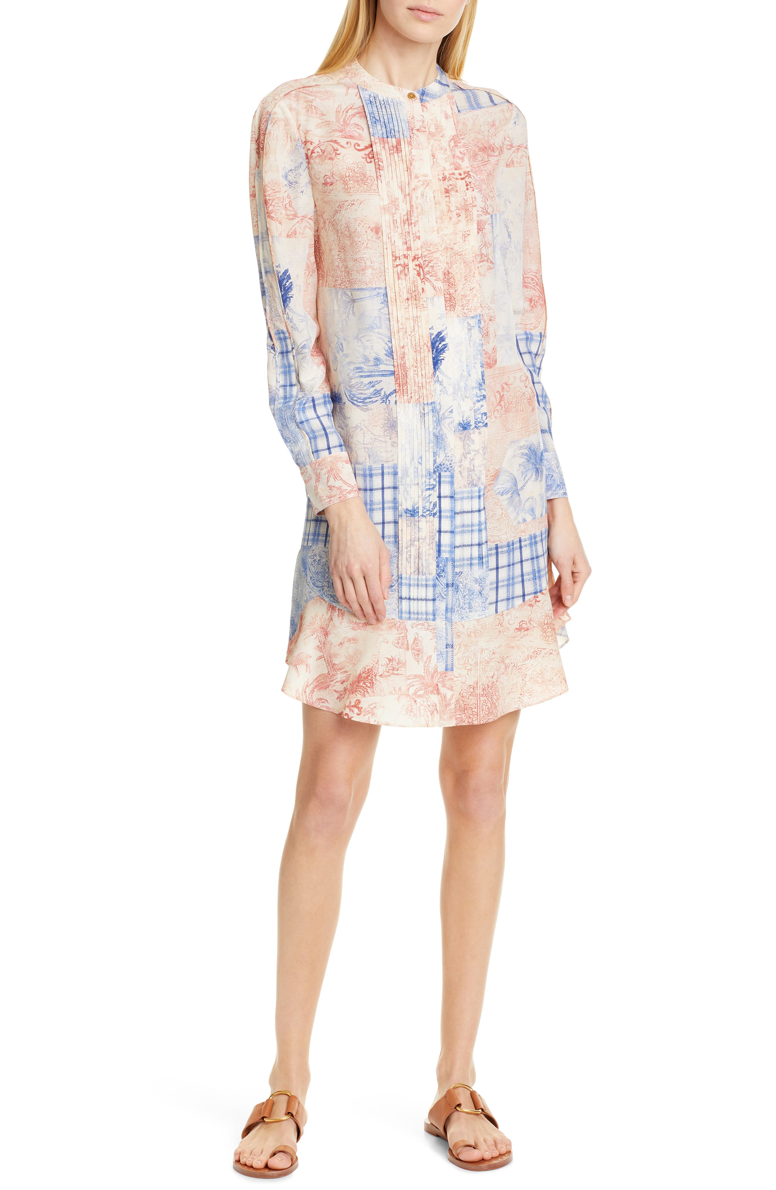 Tory Burch Cora Long Sleeve Silk Shift Dress, Blue