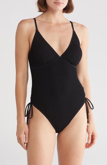 Betsey Johnson V-neck Side Ruching One-piece Swimsuit In Burgundy