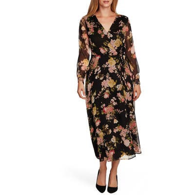 Vince Camuto Beautiful Blooms Long Sleeve Chiffon Dress, Black
