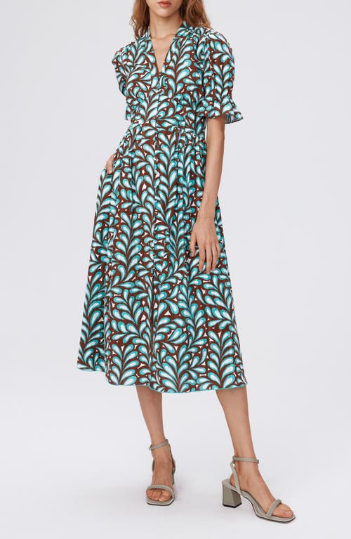Erica Leaf Print Cotton Button-Up Midi Dress in Seaweed Med