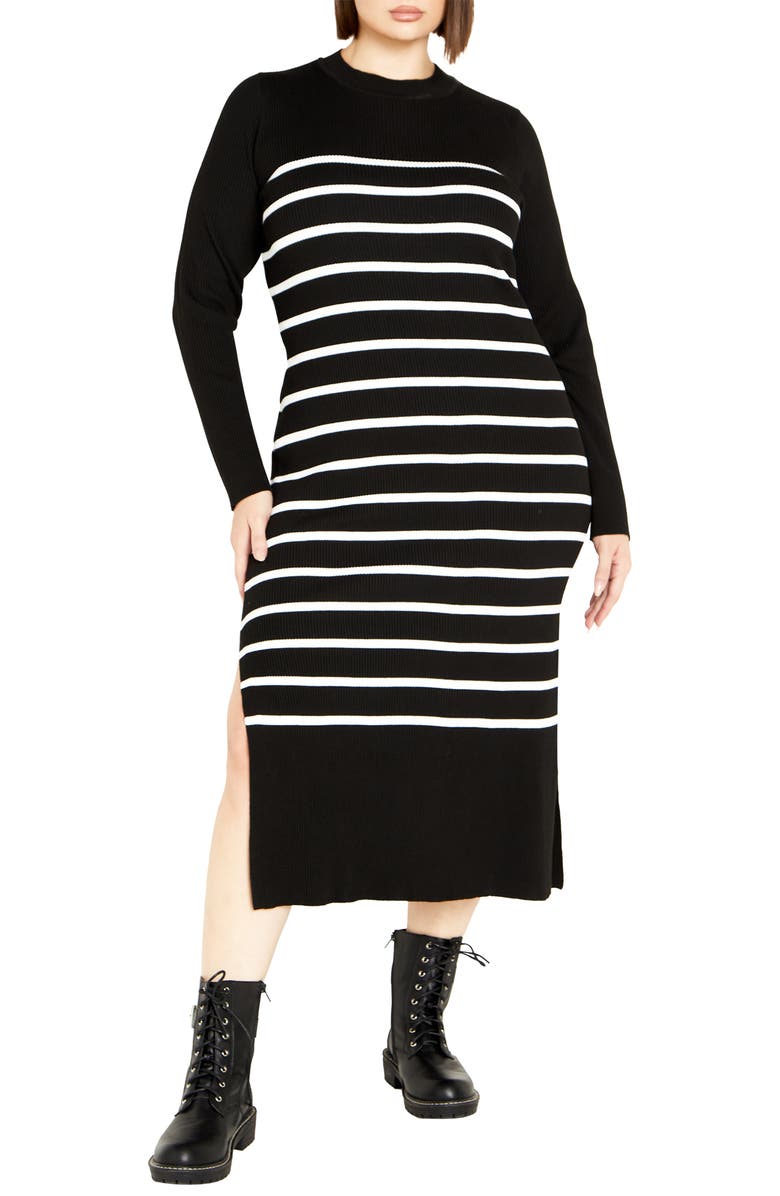 City Chic Maddie Stripe Long Sleeve Rib Dress, Main, color, Black/ White Stripe