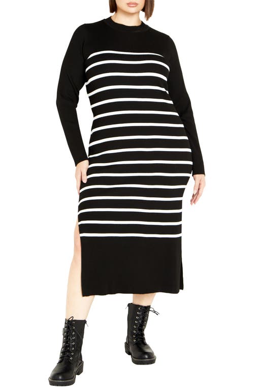 City Chic Maddie Stripe Long Sleeve Rib Dress In Black/white Stripe