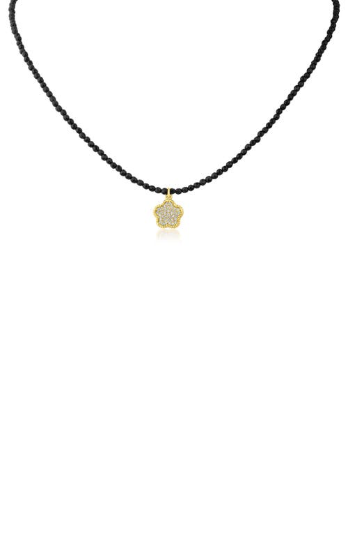 Shop Cz By Kenneth Jay Lane Cz Pavé Clover Glass Bead Necklace In Black/gold