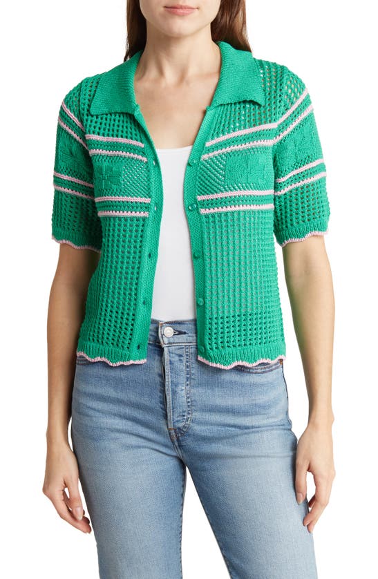 Cotton Emporium Stripe Crochet Cardigan In Kelly Green/ Pink Stripe