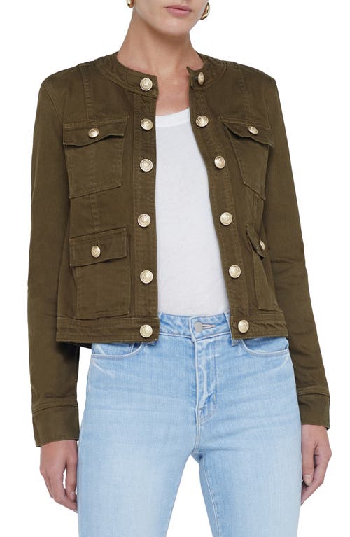 Shop L Agence L'agence Yari Collarless Denim Jacket In Olive Grove