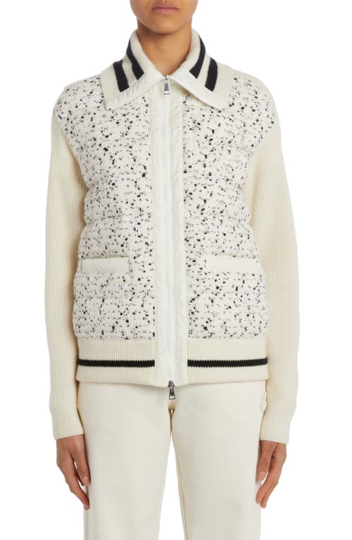 Quilted Bouclé & Knit Letterman Cardigan in Ivory/White