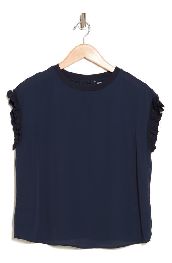 Shop T Tahari Ribbed Ruffle Cap Sleeve Top In Indigo