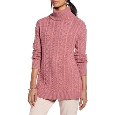 Petite Halogen Cable Turtleneck Tunic Sweater, Pink