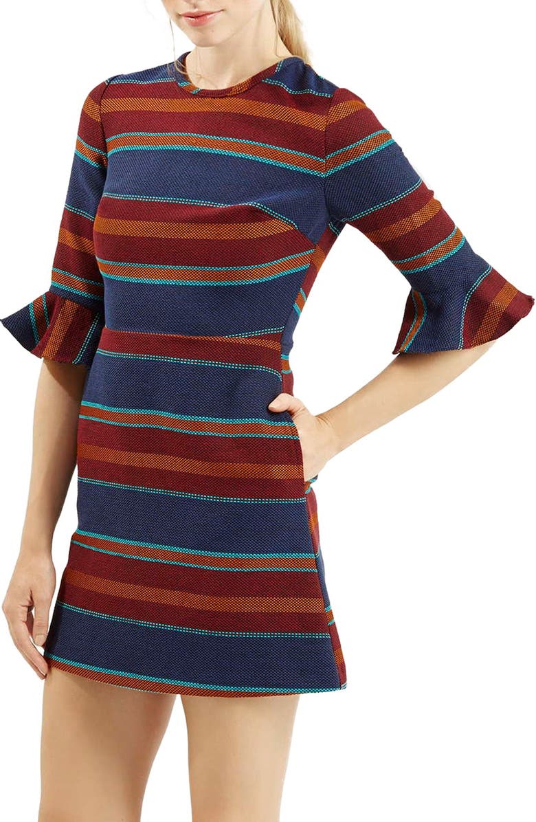 TOPSHOP Stripe Fluted Sleeve Dress, Main, color, NAVY BLUE MULTI