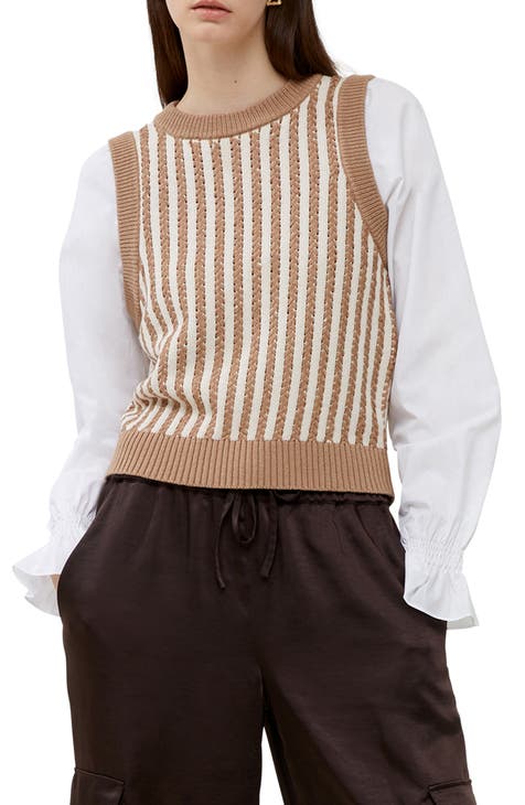 Rib-knit Sweater Vest - Dark brown/white - Ladies