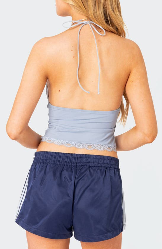 Shop Edikted Sharona Lace Trim Crop Halter Top In Light-blue