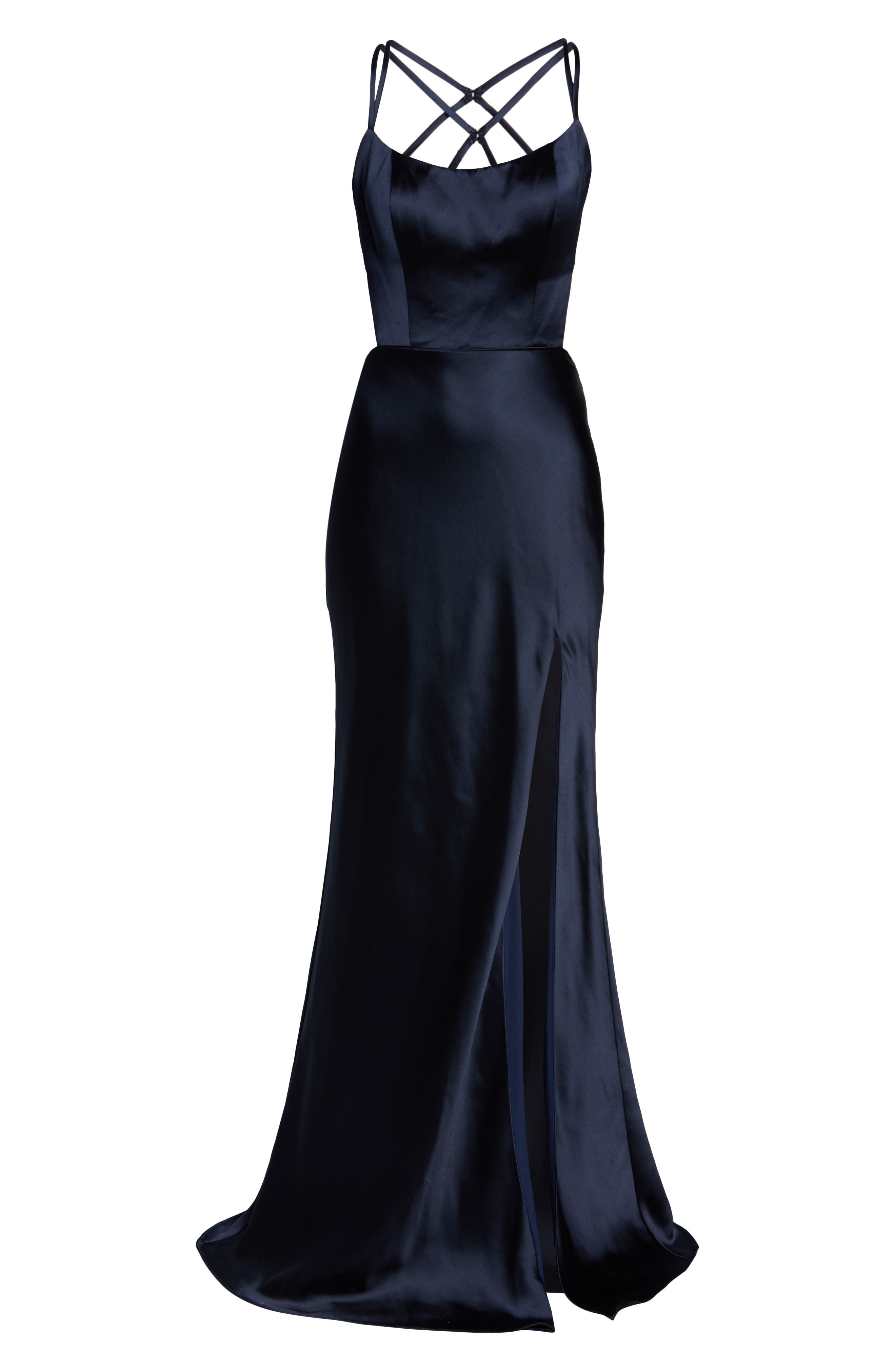 la femme strappy back fitted satin evening dress