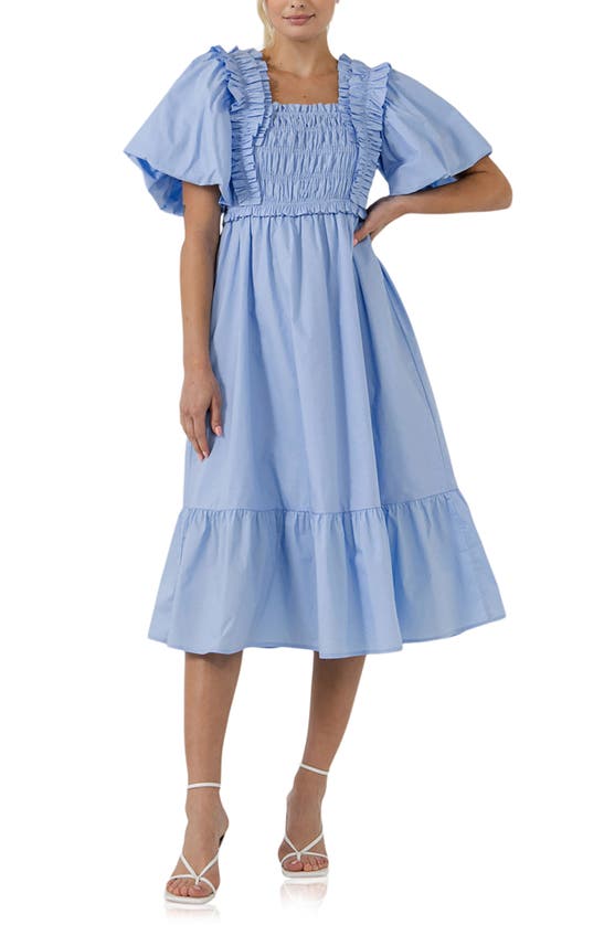 Shop English Factory Ruffle Smocked Cotton Dress In Powder Blue