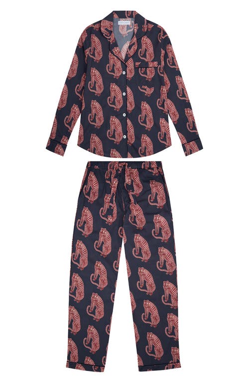 Shop Desmond & Dempsey Long Sleeve Cotton Pajamas In Tiger Navy/pink