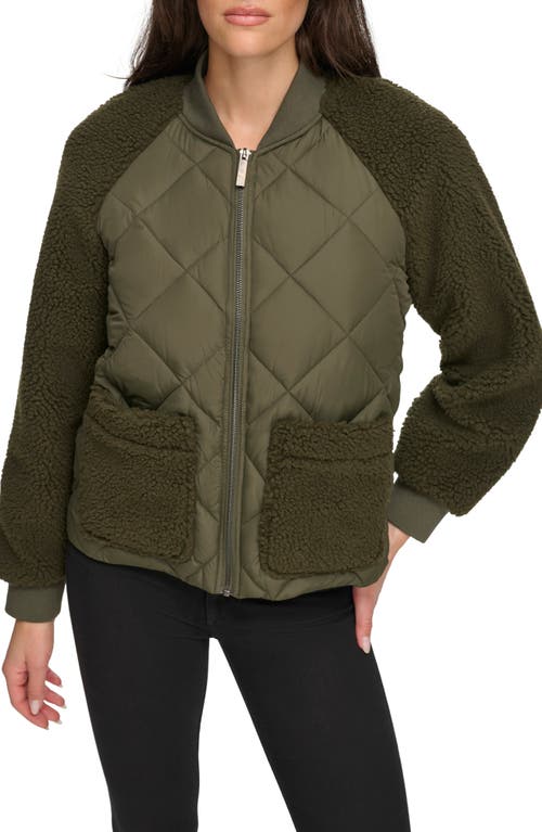 Mix Media Quilted Bomber Jacket in Olive