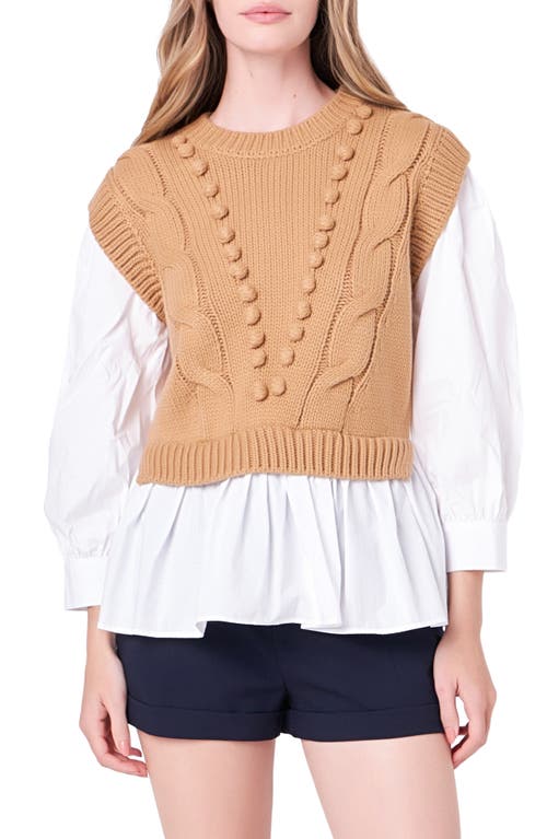 English Factory Mixed Media Cable Stitch Sweater In Tan/white