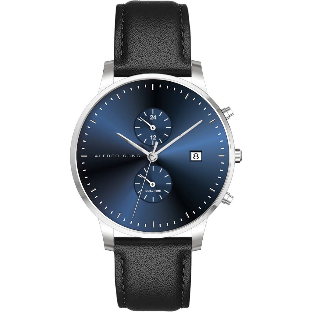 Alfred Sung Dual Time Leather Strap Watch, 42mm In Black