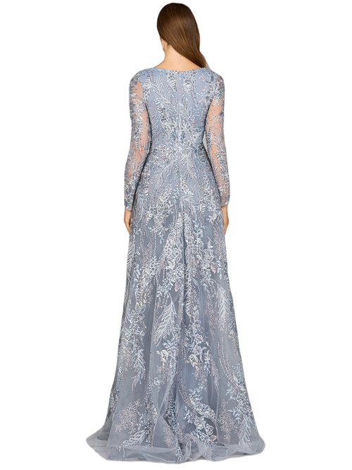 Shop Lara New York Lace Long Sleeve Gown With Overskirt In Slatemulti