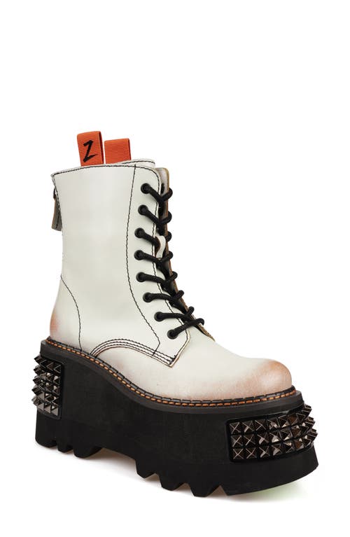 Leysa Studded Platform Combat Boot in White Leather