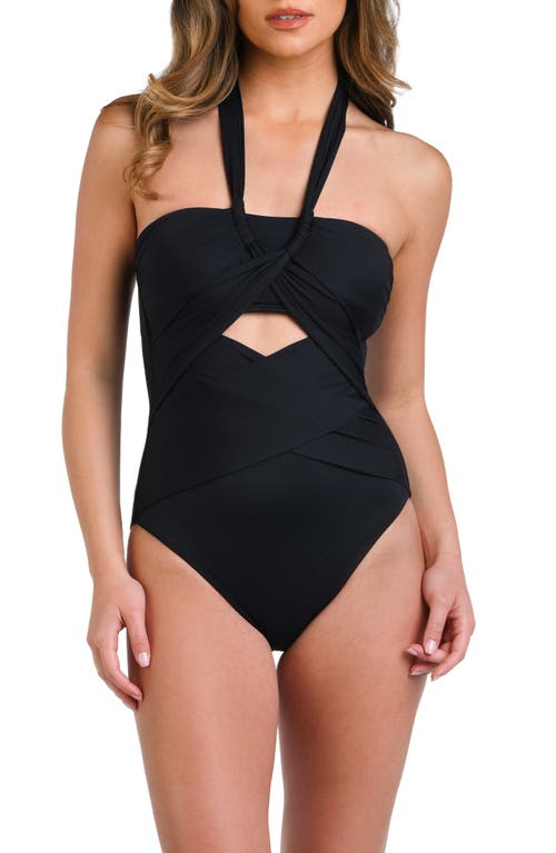 Island Goddess Draped Bandeau One-Piece Swimsuit in Black