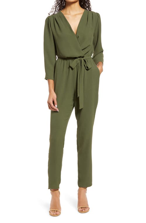 Fraiche by J Long Sleeve Belted Jumpsuit in Olive