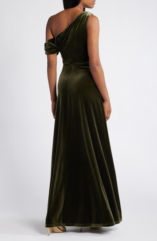 Shop Lulus Coveted Confidence One-shoulder Velvet Gown In Olive