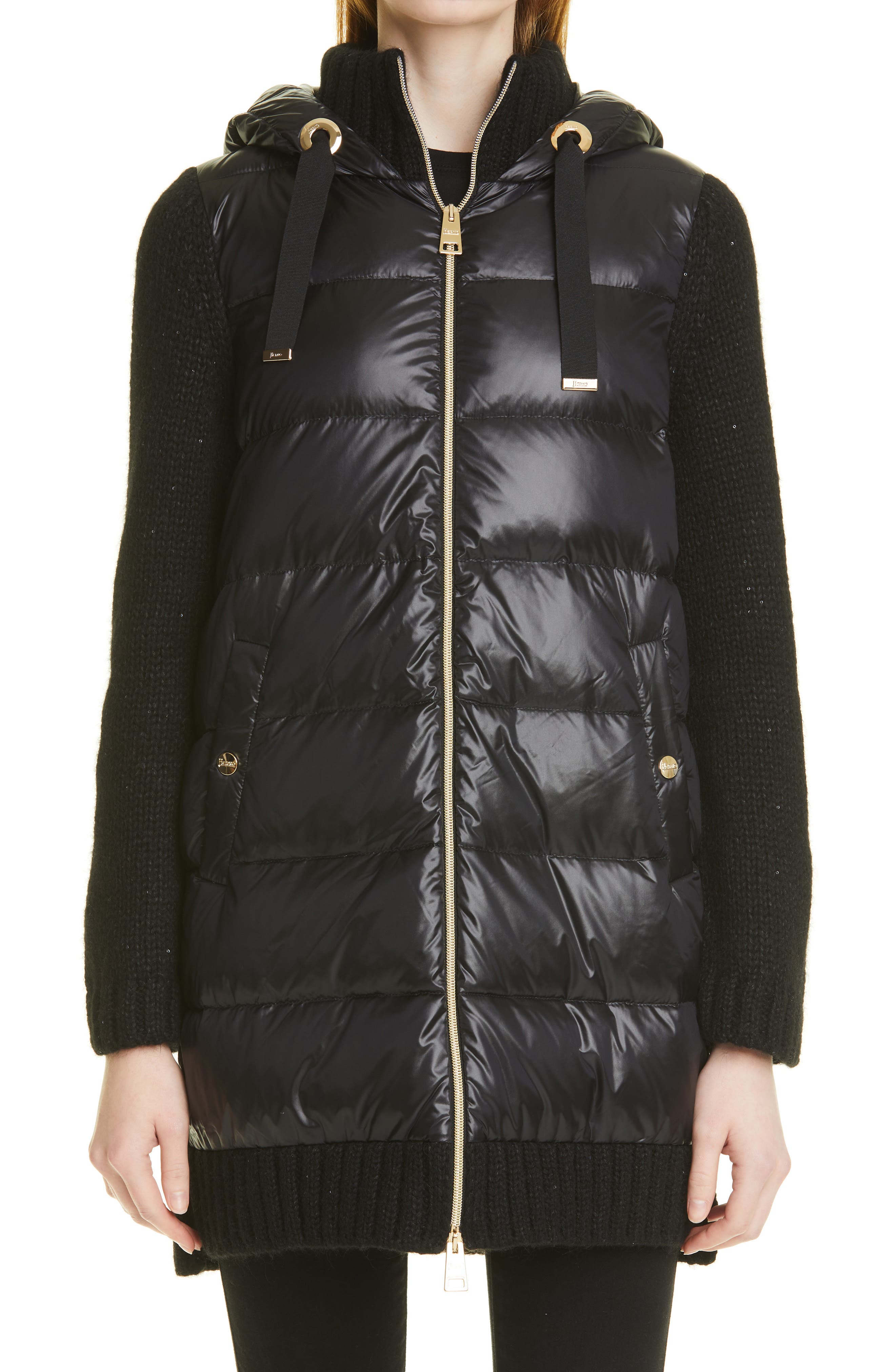 Herno Sequin Quilted Down Front Sweater Coat in Black at Nordstrom