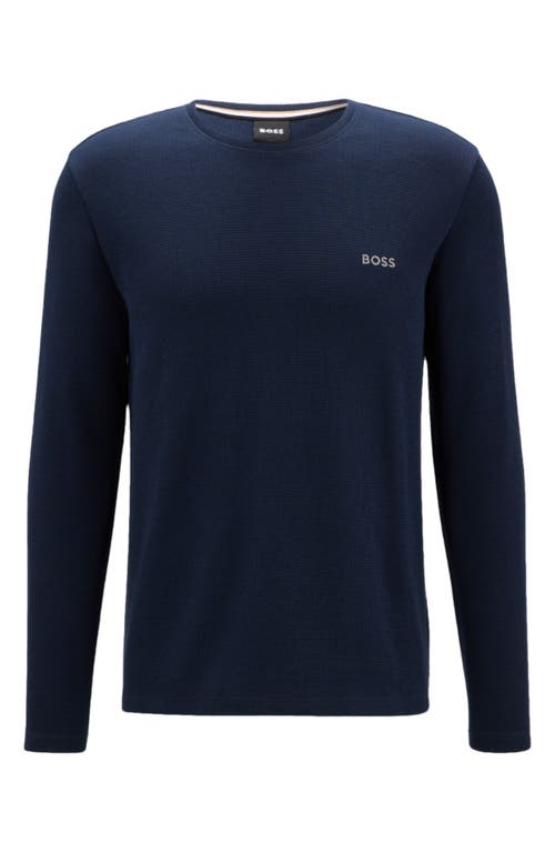 Long Sleeve Waffle Knit Cotton Blend T-Shirt in Dark Blue