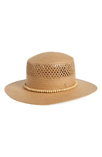 Shop Steve Madden Beecher Beaded Trim Boater Hat In Tan