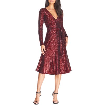 Dress The Population Daphne Long Sleeve Sequin Cocktail Dress, Red