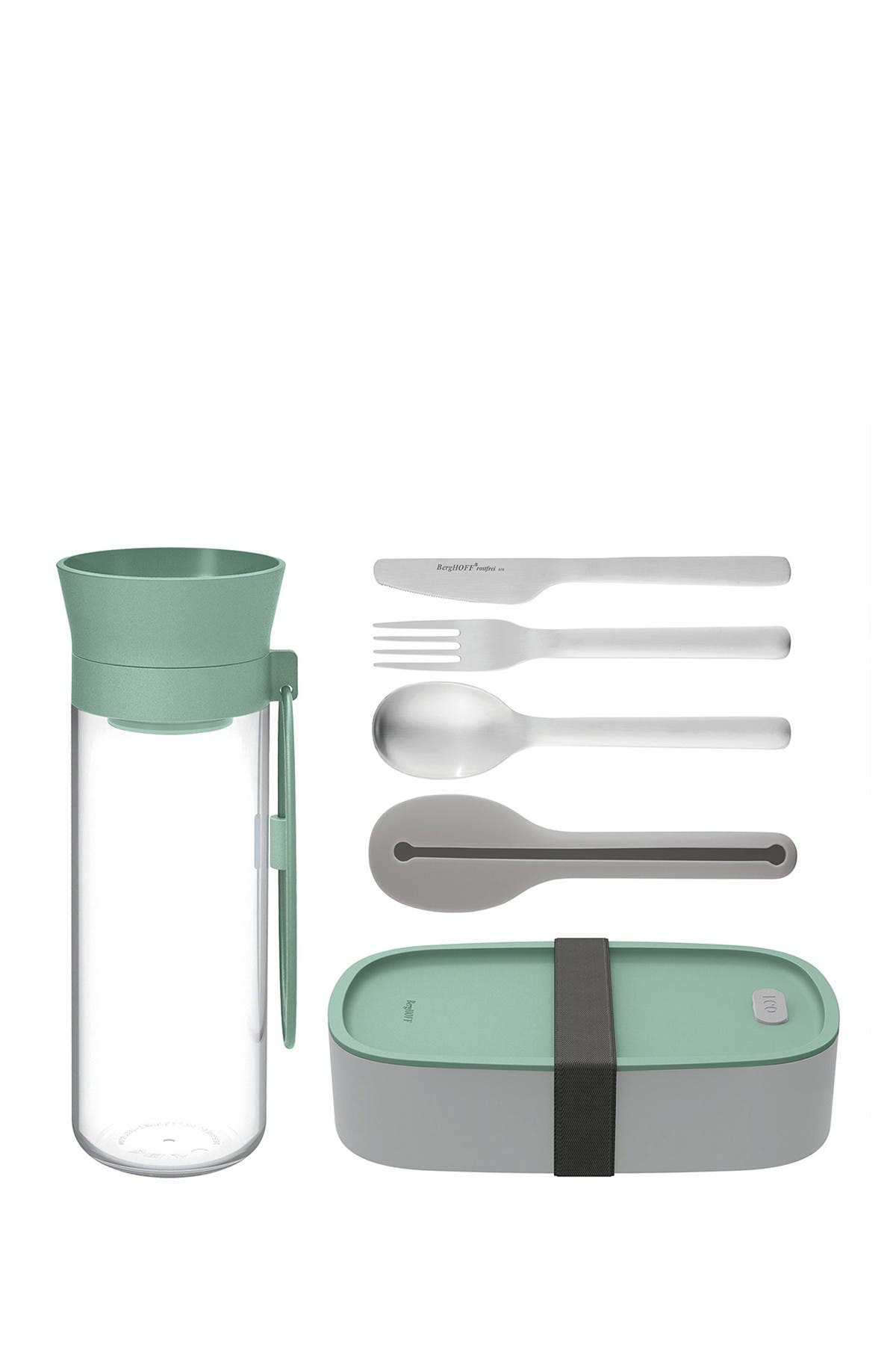 Berghoff Leo Bento Box 3-piece Flateware Water Bottle Lunch Set In Mint/grey