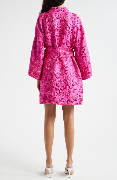 Shop La Vie Style House Floral Brocade Long Sleeve Cover-up Wrap Minidress In Magenta