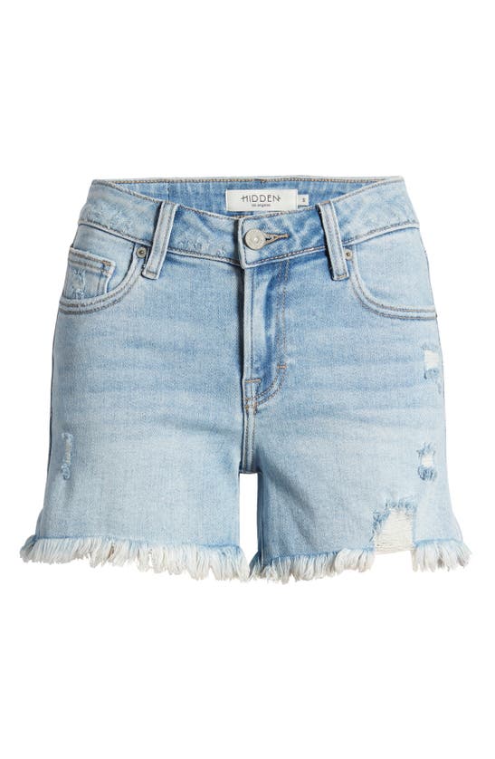 Shop Hidden Jeans Frayed Low Rise Denim Shorts In Medium Wash