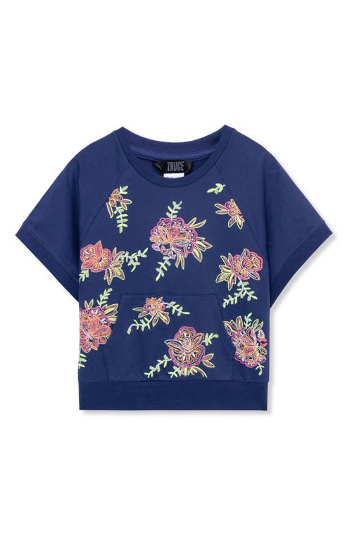 Truce Kids' Floral Embroidered Short Sleeve Sweatshirt Navy at Nordstrom,