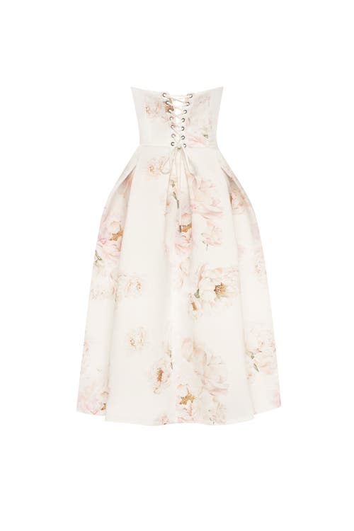 Shop Milla Strapless Midi Corset Dress With A Floral Print In Peony