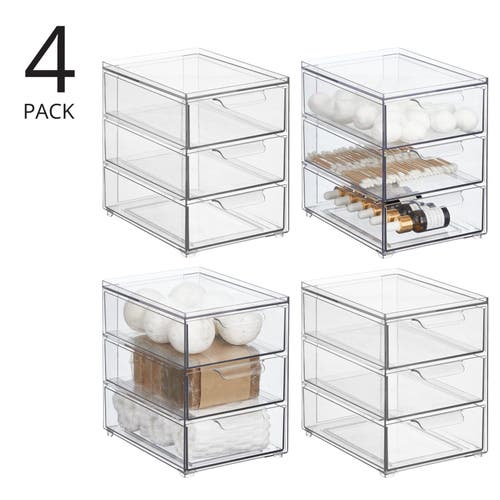 Mdesign Plastic 3 Drawer Stackable Organizer For Bathroom Storage, 4 Pack In Clear