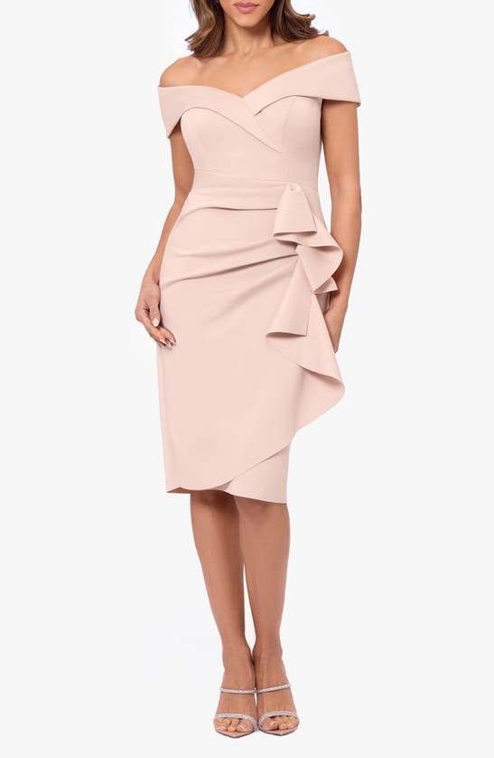 Shop Xscape Ruffle Off The Shoulder Scuba Crepe Cocktail Dress In Blush