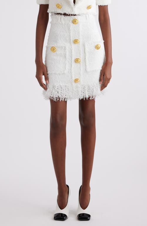 Balmain Button Detail Fringed Tweed Skirt in 0Fa White 
