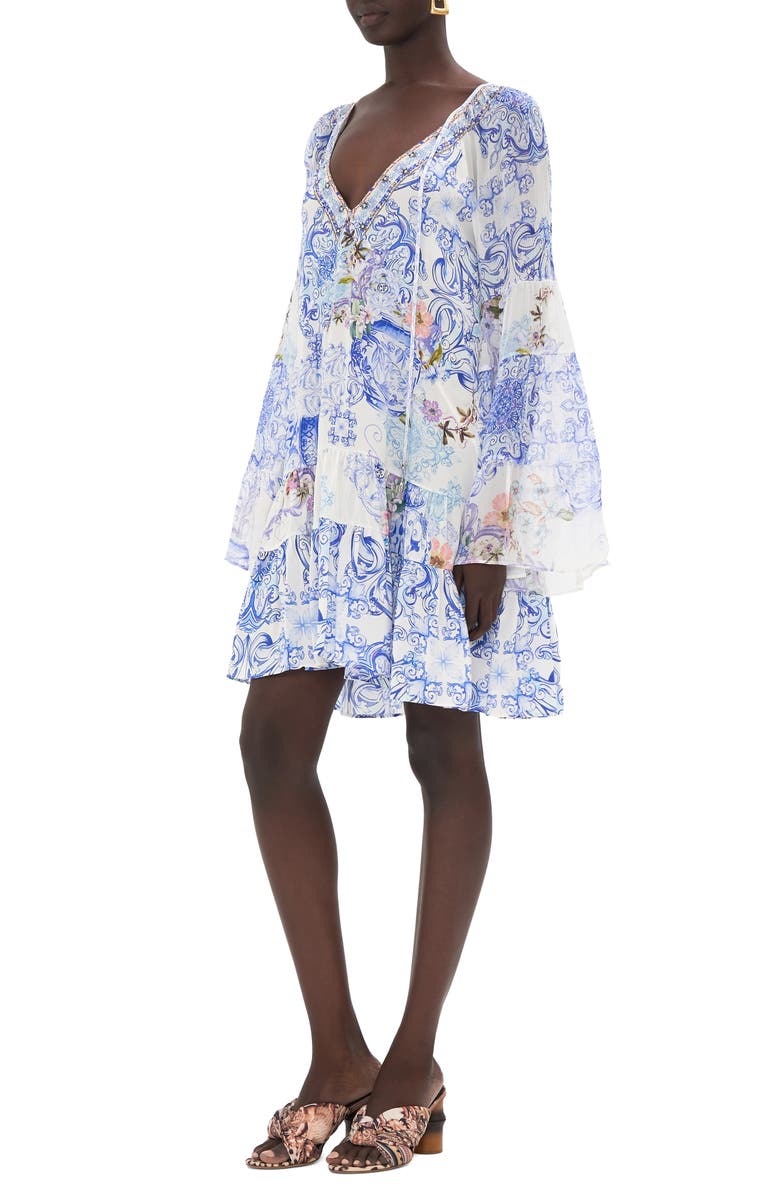 Camilla Crystal Detail Mixed Print Long Sleeve Silk Babydoll Dress ...