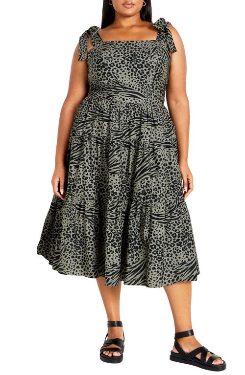 City Chic Gloria Animal Print Tiered Midi Sundress in Sage Serene Skin at Nordstrom, Size Xl