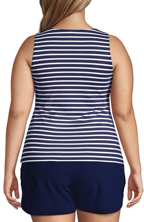 Shop Lands' End Plus Size Chlorine Resistant High Neck Upf 50 Modest Tankini Swimsuit Top In Deep Sea Mixed Diagonal Stripe