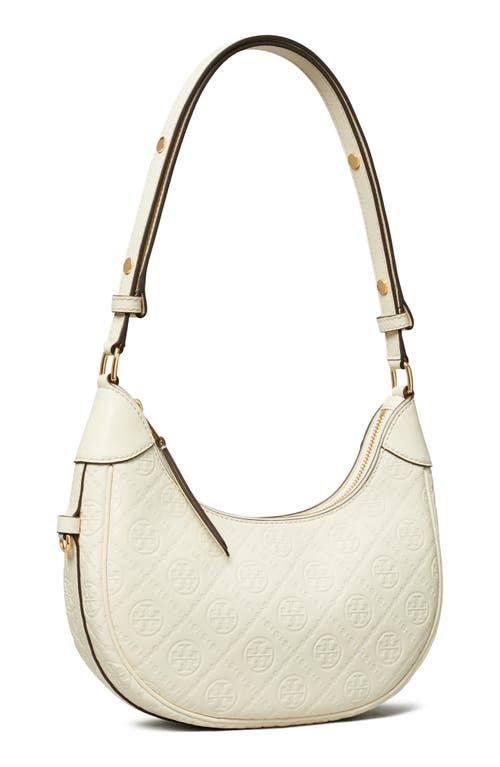 Tory Burch T-monogram Embossed Crescent Shoulder Bag In Light Cream