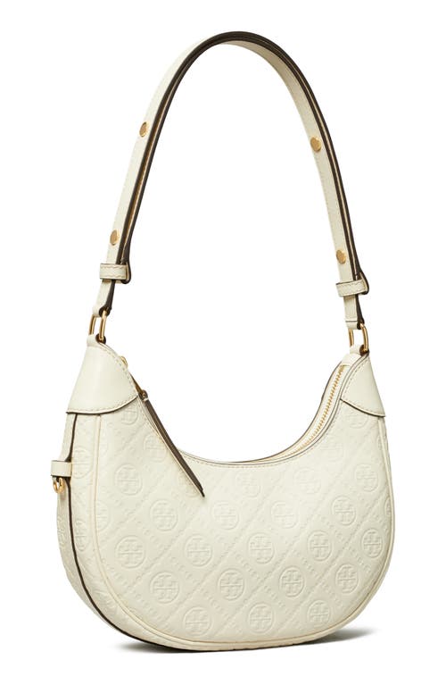 Shop Tory Burch T-monogram Embossed Crescent Shoulder Bag In Light Cream