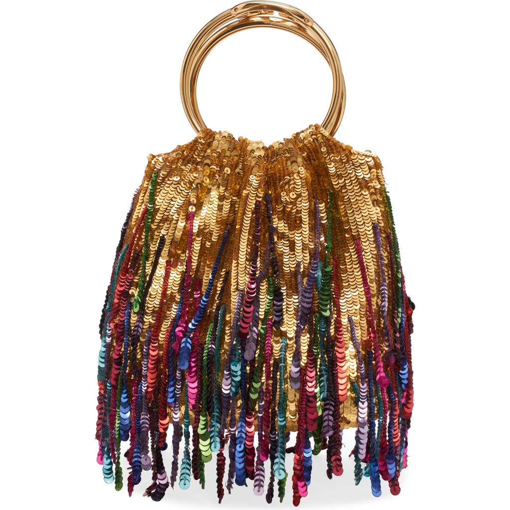 Valentino Garavani Small Carry Secrets Sequin Fringe Bucket Bag In L05 Oro/multicolor