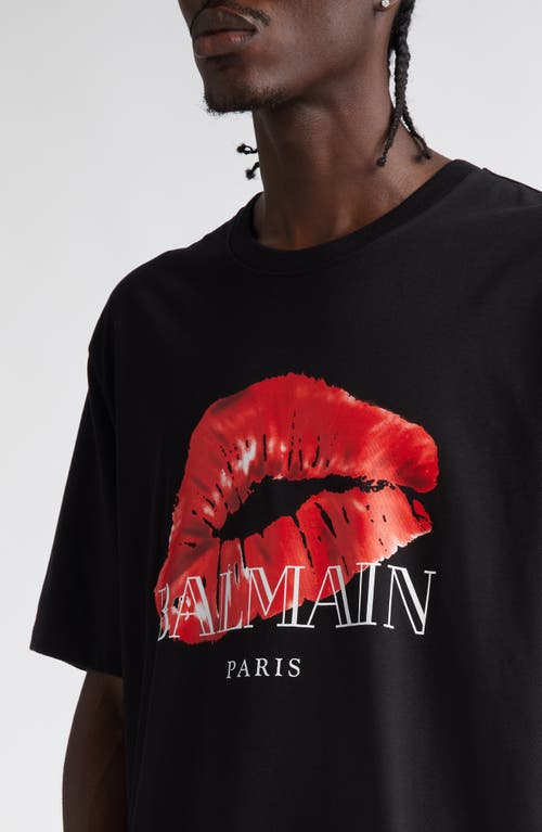 Shop Balmain Kiss Cotton Graphic T-shirt In Ebl Black/red/white