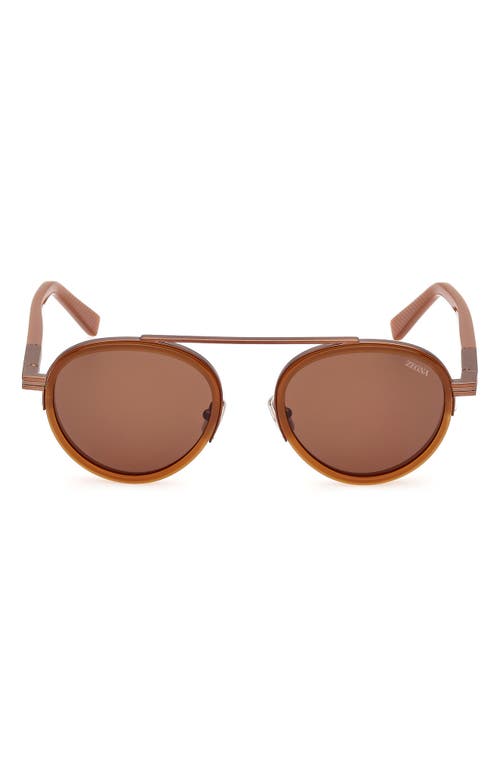 ZEGNA 51mm Round Sunglasses in Shiny Light Brown /Brown at Nordstrom
