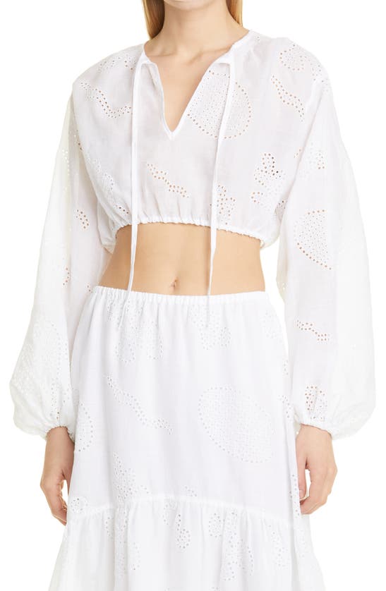 Frame Eyelet Blouson Sleeve Organic Linen Blend Crop Top In Blanc