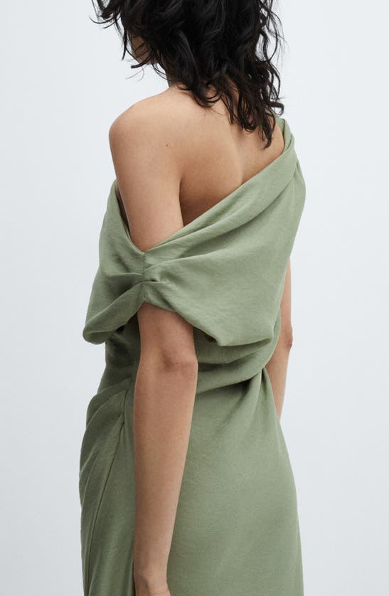 Shop Mango Laila Draped One-shoulder Midi Dress In Dark Green
