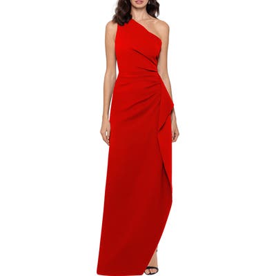 Xscape One-Shoulder Scuba Crepe Gown, Red